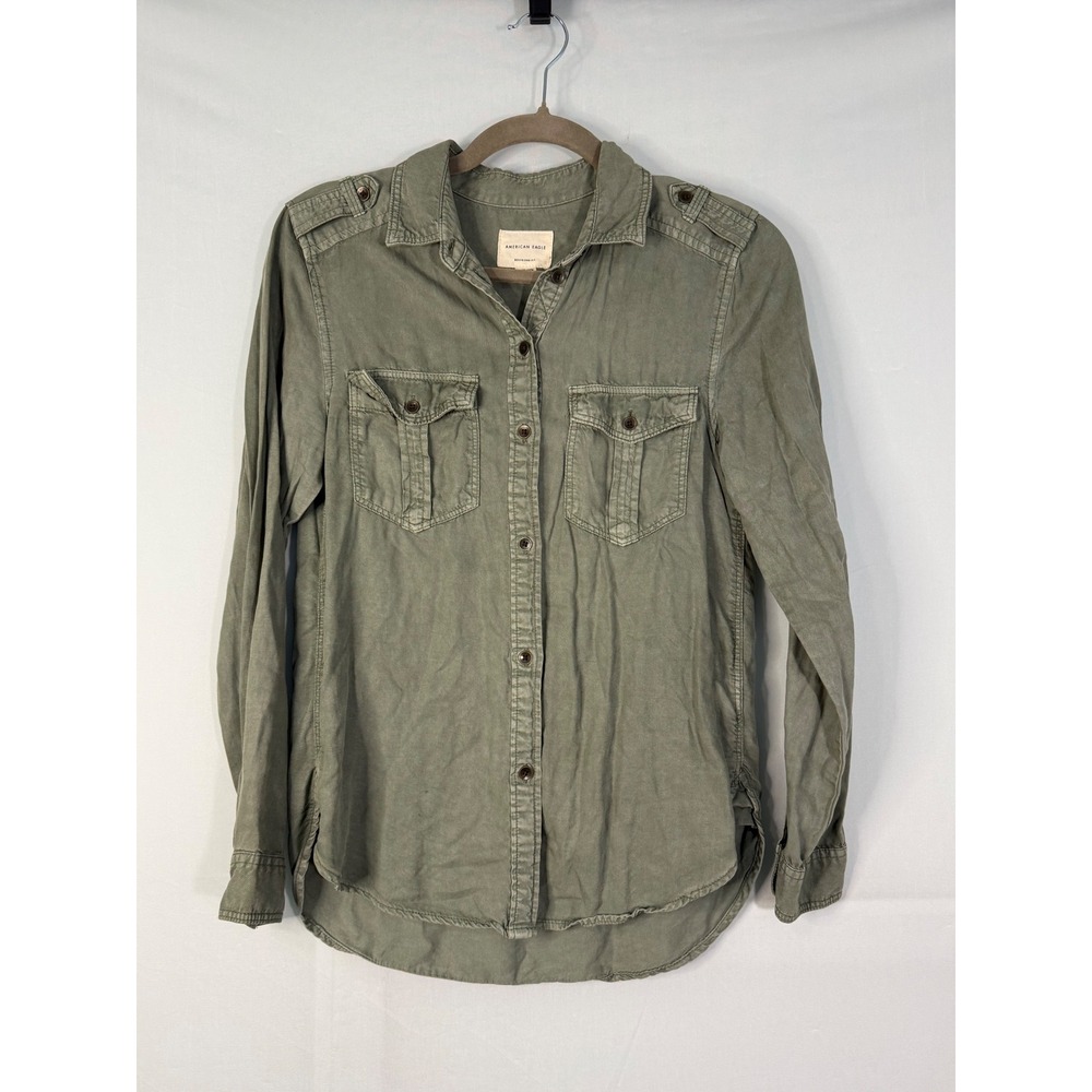 American Eagle Lyocell Boyfriend Shirt Womens XS Green Utility Button Down